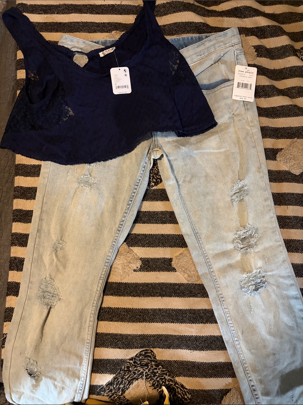 Free People Light Blue Distressed Boyfriend Jeans with Navy Top